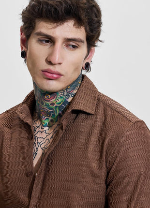 SNITCH Men Casual Shirt | Slim Fit Full Sleeve Classic Collar Textured Design | Premium Polyester Blend & Comfortable Fabric Semi-Formal Events ||Rich Earthy Brown 