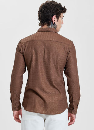 SNITCH Men Casual Shirt | Slim Fit Full Sleeve Classic Collar Textured Design | Premium Polyester Blend & Comfortable Fabric Semi-Formal Events ||Rich Earthy Brown 