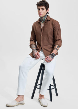 SNITCH Men Casual Shirt | Slim Fit Full Sleeve Classic Collar Textured Design | Premium Polyester Blend & Comfortable Fabric Semi-Formal Events ||Rich Earthy Brown 