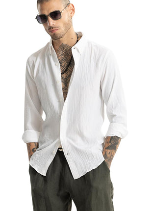 SNITCH Men's Casual Shirt | Slim Fit Full Sleeve Button-Down Collar Textured Pattern | Premium Cotton Blend & Woven Fabric for College & Casual Wear | White 