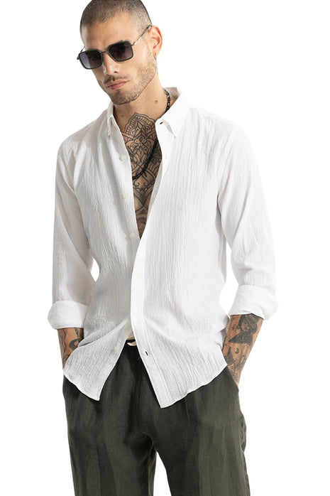 SNITCH Men's Casual Shirt | Slim Fit Full Sleeve Button-Down Collar Textured Pattern | Premium Cotton Blend & Woven Fabric for College & Casual Wear | White 