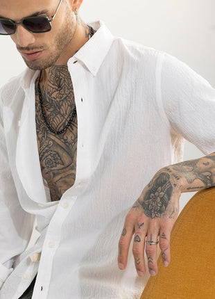 SNITCH Men's Casual Shirt | Slim Fit Full Sleeve Button-Down Collar Textured Pattern | Premium Cotton Blend & Woven Fabric for College & Casual Wear | White 