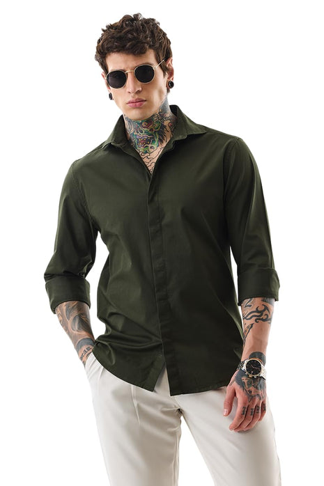 SNITCH Men's Casual Shirt | Slim Fit Full Sleeve Classic Collar Solid Pattern | Premium Cotton Blend & Breathable Fabric for Everyday & Semi-Formal Wear | Dark Green 