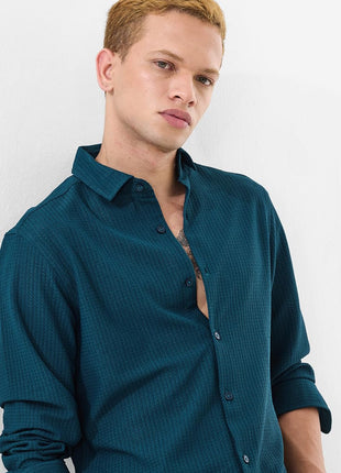 SNITCH Men's Casual Shirt | Slim Fit Full Sleeve Classic Collar Textured Design | Premium Polyester Blend & Lightweight Fabric for Everyday Wear | Teal 