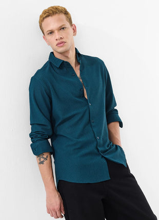 SNITCH Men's Casual Shirt | Slim Fit Full Sleeve Classic Collar Textured Design | Premium Polyester Blend & Lightweight Fabric for Everyday Wear | Teal 