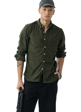 SNITCH Men's Casual Shirt | Slim Fit Long Sleeve Button Down Collar Solid Pattern | 100% Polyester Textured Fabric, Machine Washable | Olive Green 