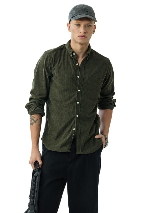 SNITCH Men's Casual Shirt | Slim Fit Long Sleeve Button Down Collar Solid Pattern | 100% Polyester Textured Fabric, Machine Washable | Olive Green 