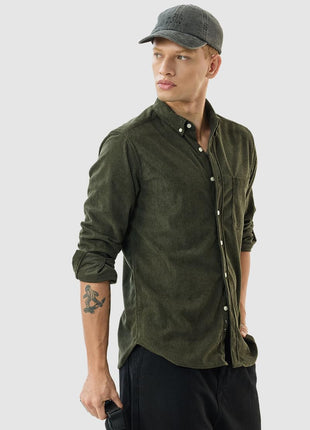 SNITCH Men's Casual Shirt | Slim Fit Long Sleeve Button Down Collar Solid Pattern | 100% Polyester Textured Fabric, Machine Washable | Olive Green 