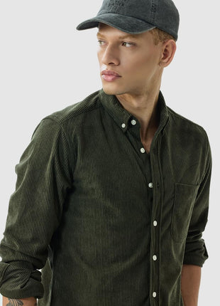 SNITCH Men's Casual Shirt | Slim Fit Long Sleeve Button Down Collar Solid Pattern | 100% Polyester Textured Fabric, Machine Washable | Olive Green 