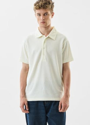 SNITCH Men's Polo Shirt | Textured Slim Fit Design | 100% Polyester Fabric with Breathable & Lightweight Features | Casual & Streetwear Usage |Light Yellow 