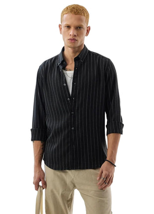 SNITCH Mens Black Button Down Collared Full Sleeve Curve Hem Cotton Casual Light Weight Stripes Slim Fit Shirt 