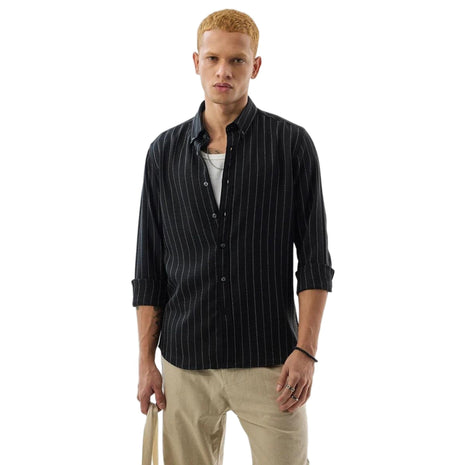 SNITCH Mens Black Button Down Collared Full Sleeve Curve Hem Cotton Casual Light Weight Stripes Slim Fit Shirt 