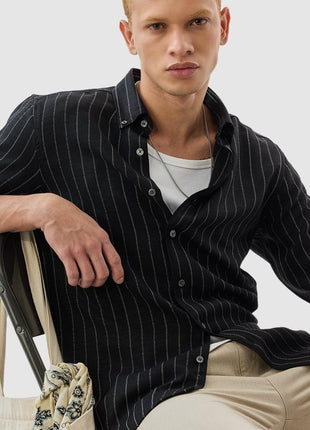 SNITCH Mens Black Button Down Collared Full Sleeve Curve Hem Cotton Casual Light Weight Stripes Slim Fit Shirt 