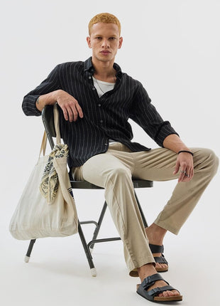 SNITCH Mens Black Button Down Collared Full Sleeve Curve Hem Cotton Casual Light Weight Stripes Slim Fit Shirt 