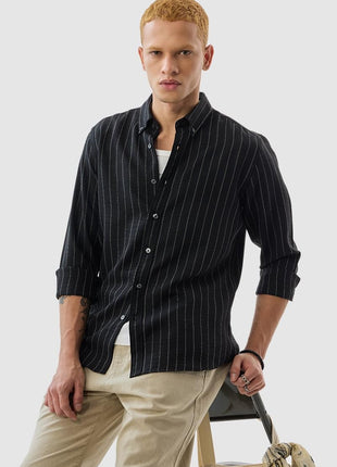 SNITCH Mens Black Button Down Collared Full Sleeve Curve Hem Cotton Casual Light Weight Stripes Slim Fit Shirt 