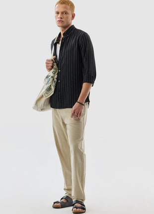 SNITCH Mens Black Button Down Collared Full Sleeve Curve Hem Cotton Casual Light Weight Stripes Slim Fit Shirt 