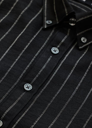 SNITCH Mens Black Button Down Collared Full Sleeve Curve Hem Cotton Casual Light Weight Stripes Slim Fit Shirt 