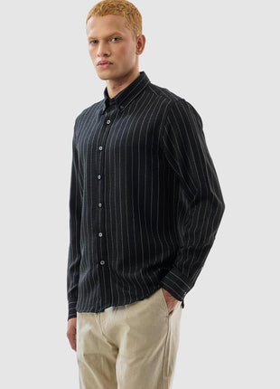 SNITCH Mens Black Button Down Collared Full Sleeve Curve Hem Cotton Casual Light Weight Stripes Slim Fit Shirt 