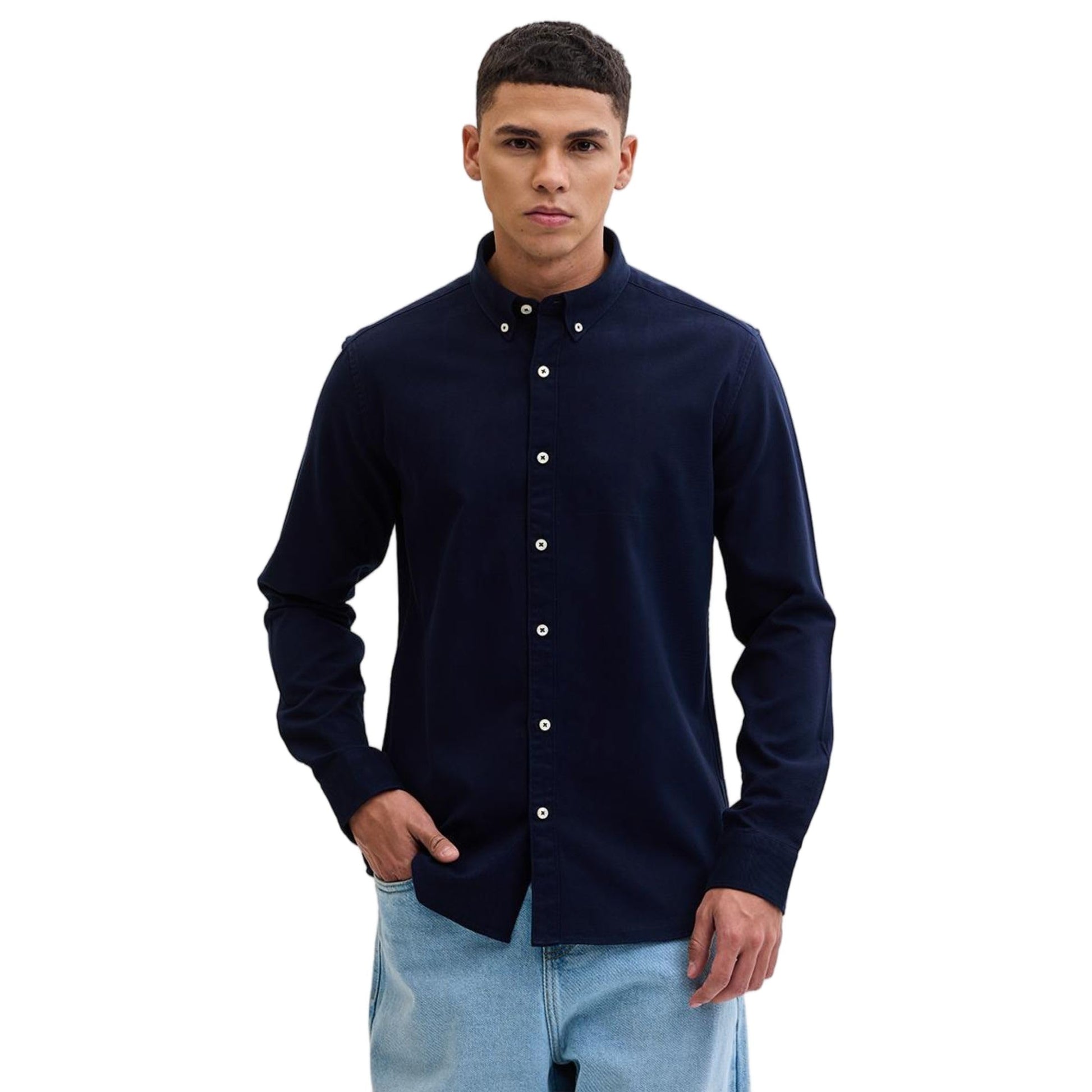 SNITCH Navy Slim Fit Solid Oxford Shirts 