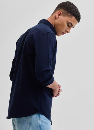 SNITCH Navy Slim Fit Solid Oxford Shirts 