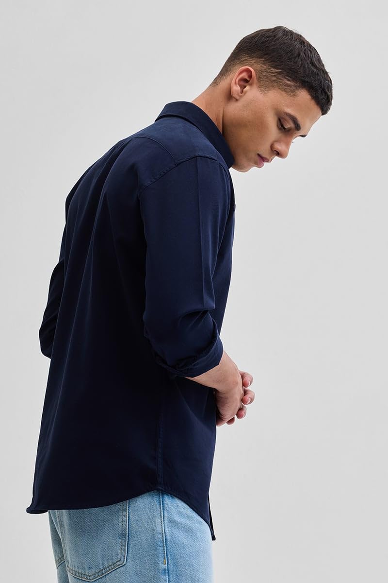 SNITCH Navy Slim Fit Solid Oxford Shirts 