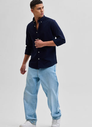 SNITCH Navy Slim Fit Solid Oxford Shirts 