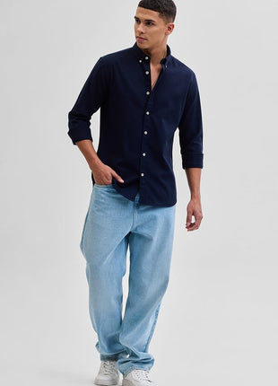 SNITCH Navy Slim Fit Solid Oxford Shirts 
