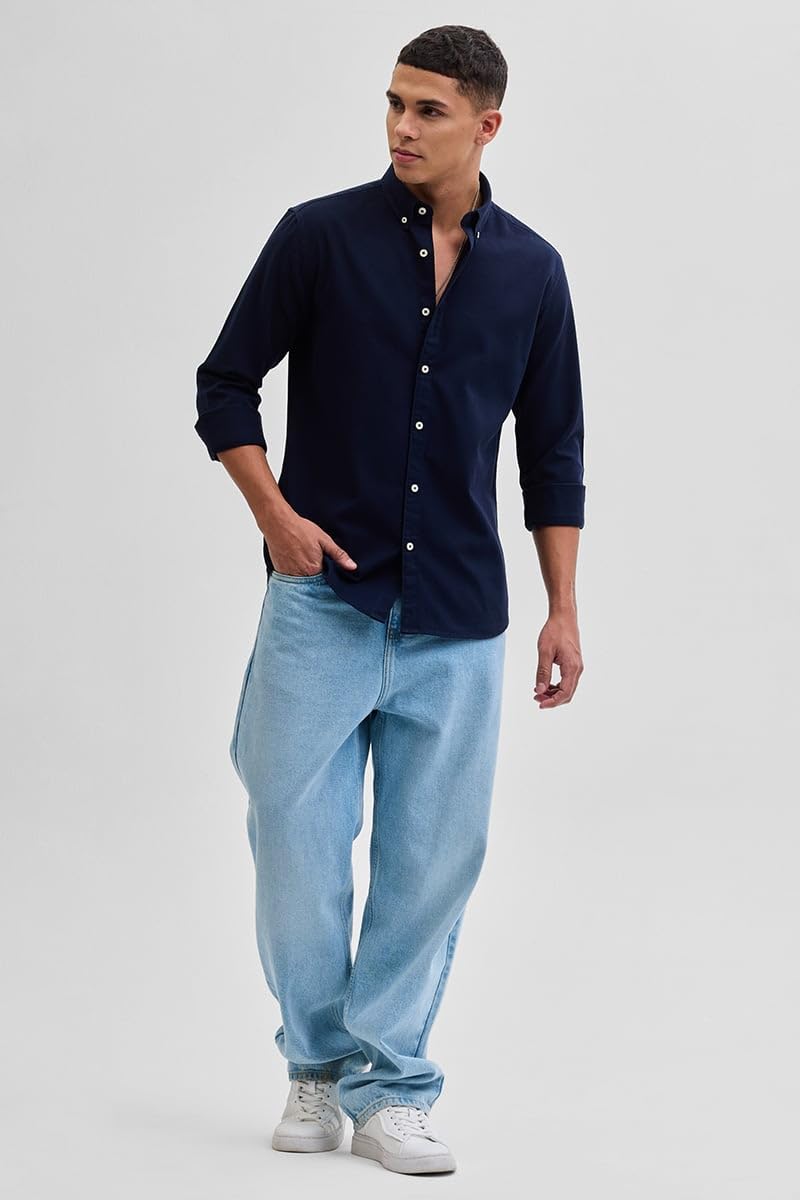 SNITCH Navy Slim Fit Solid Oxford Shirts 