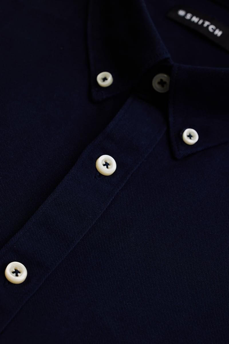 SNITCH Navy Slim Fit Solid Oxford Shirts 