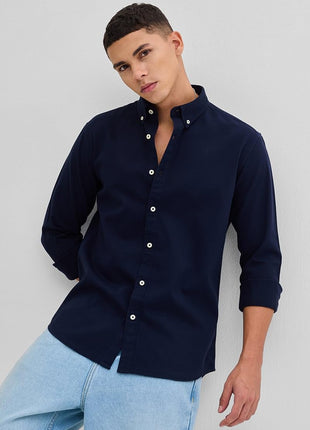 SNITCH Navy Slim Fit Solid Oxford Shirts 