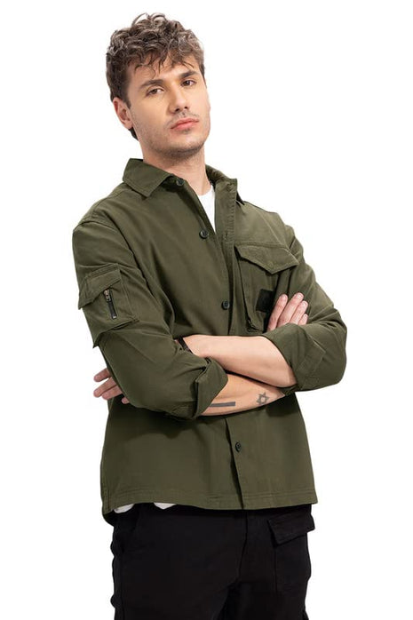 SNITCH Roxie Olive Overshirt Cotton Slim Fit Shirt|Anti-Dust|Coin Pocket |Two Patch Pocket |Comfort Stretch 