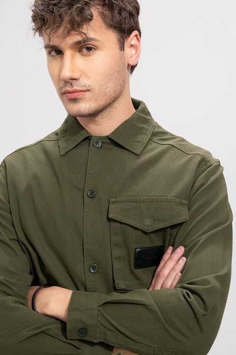 SNITCH Roxie Olive Overshirt Cotton Slim Fit Shirt|Anti-Dust|Coin Pocket |Two Patch Pocket |Comfort Stretch 