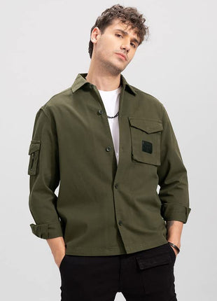 SNITCH Roxie Olive Overshirt Cotton Slim Fit Shirt|Anti-Dust|Coin Pocket |Two Patch Pocket |Comfort Stretch 