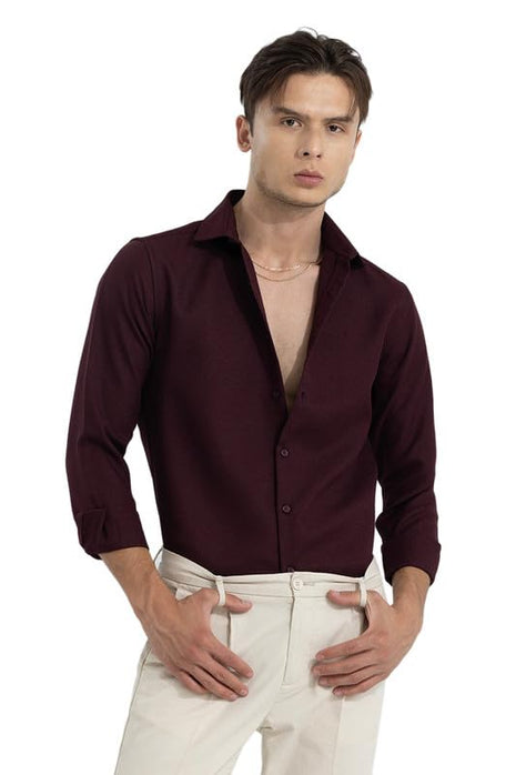 SNITCH crapepoly Maroon Spread Collar Solid Slim Fit Shirt 
