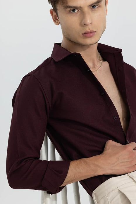 SNITCH crapepoly Maroon Spread Collar Solid Slim Fit Shirt 