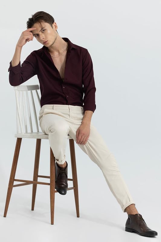 SNITCH crapepoly Maroon Spread Collar Solid Slim Fit Shirt 