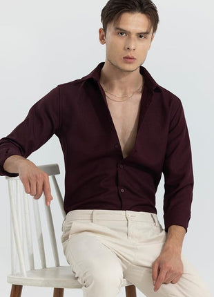 SNITCH crapepoly Maroon Spread Collar Solid Slim Fit Shirt 