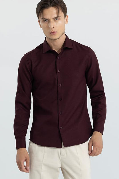 SNITCH crapepoly Maroon Spread Collar Solid Slim Fit Shirt 