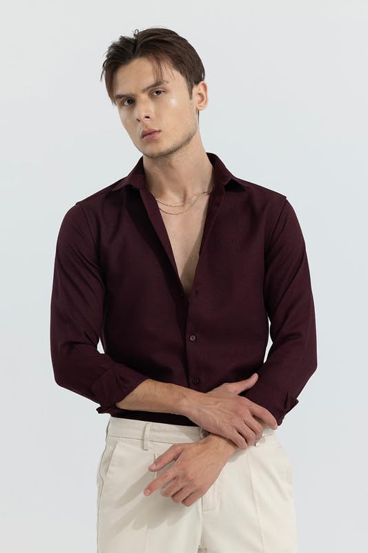 SNITCH crapepoly Maroon Spread Collar Solid Slim Fit Shirt 