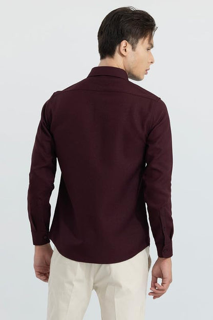SNITCH crapepoly Maroon Spread Collar Solid Slim Fit Shirt 