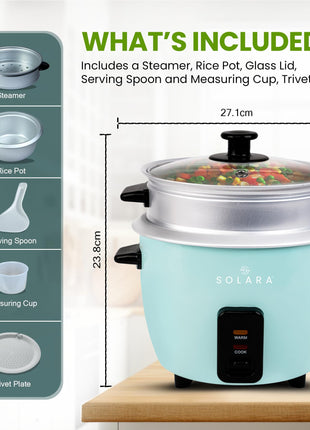 SOLARA 1Litre One Touch Rice Cooker, Automatic Electric Cooker with Food Steamer, Electric Rice Cooker and Grain Cooker, 400 Watts, Rice Cooker 1 Litre with Steam & Rinse Basket, Aqua 