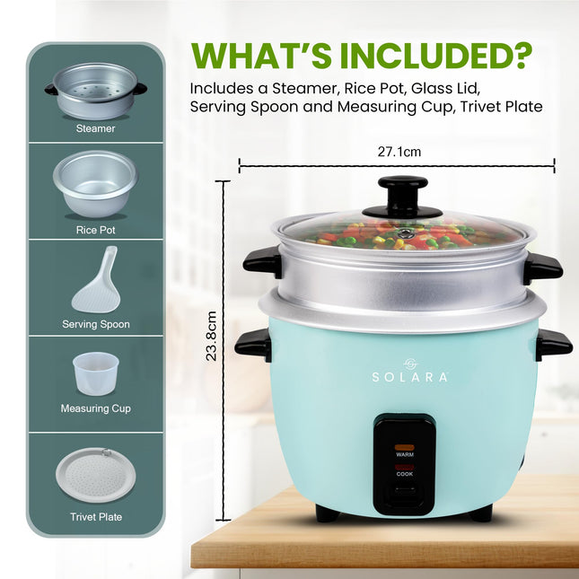 SOLARA 1Litre One Touch Rice Cooker, Automatic Electric Cooker with Food Steamer, Electric Rice Cooker and Grain Cooker, 400 Watts, Rice Cooker 1 Litre with Steam & Rinse Basket, Aqua 