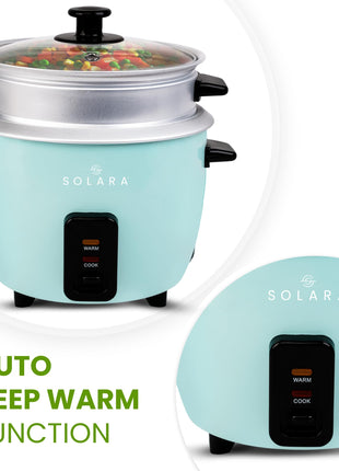 SOLARA 1Litre One Touch Rice Cooker, Automatic Electric Cooker with Food Steamer, Electric Rice Cooker and Grain Cooker, 400 Watts, Rice Cooker 1 Litre with Steam & Rinse Basket, Aqua 