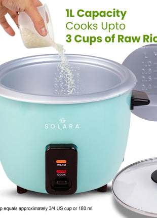 SOLARA 1Litre One Touch Rice Cooker, Automatic Electric Cooker with Food Steamer, Electric Rice Cooker and Grain Cooker, 400 Watts, Rice Cooker 1 Litre with Steam & Rinse Basket, Aqua 