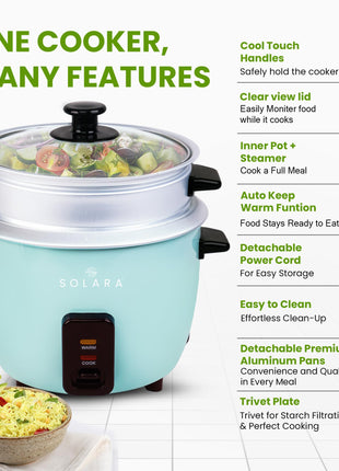 SOLARA 1Litre One Touch Rice Cooker, Automatic Electric Cooker with Food Steamer, Electric Rice Cooker and Grain Cooker, 400 Watts, Rice Cooker 1 Litre with Steam & Rinse Basket, Aqua 