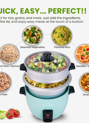 SOLARA 1Litre One Touch Rice Cooker, Automatic Electric Cooker with Food Steamer, Electric Rice Cooker and Grain Cooker, 400 Watts, Rice Cooker 1 Litre with Steam & Rinse Basket, Aqua 