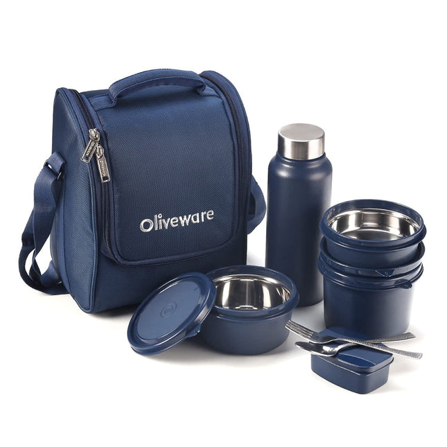 SOPL-OLIVEWARE Teso Pro Lunch Box with Cutlery, 3 Microwave Safe Inside Containers with BPA Free Lids(290ml, 450ml & 600ml), Plastic Pickle Box(130ml), Steel Water Bottle(750ml) - Blue 