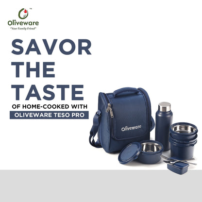 SOPL-OLIVEWARE Teso Pro Lunch Box with Cutlery, 3 Microwave Safe Inside Containers with BPA Free Lids(290ml, 450ml & 600ml), Plastic Pickle Box(130ml), Steel Water Bottle(750ml) - Blue 