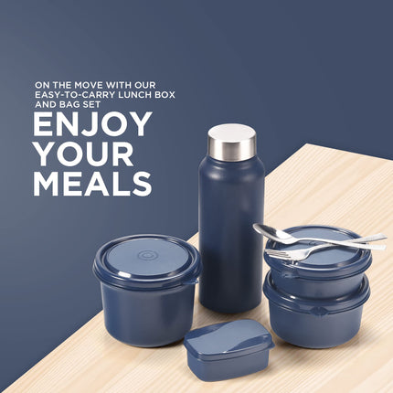 SOPL-OLIVEWARE Teso Pro Lunch Box with Cutlery, 3 Microwave Safe Inside Containers with BPA Free Lids(290ml, 450ml & 600ml), Plastic Pickle Box(130ml), Steel Water Bottle(750ml) - Blue 