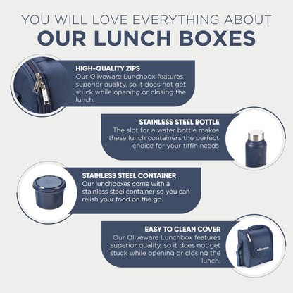 SOPL-OLIVEWARE Teso Pro Lunch Box with Cutlery, 3 Microwave Safe Inside Containers with BPA Free Lids(290ml, 450ml & 600ml), Plastic Pickle Box(130ml), Steel Water Bottle(750ml) - Blue 
